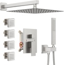 Iriber Brushed Nickel Square Rain Shower System with 4 PCS Body Jets 3 Function Shower Faucet Set Wall Mounted Pressure Balance Shower Trim Kit (Valve Included)