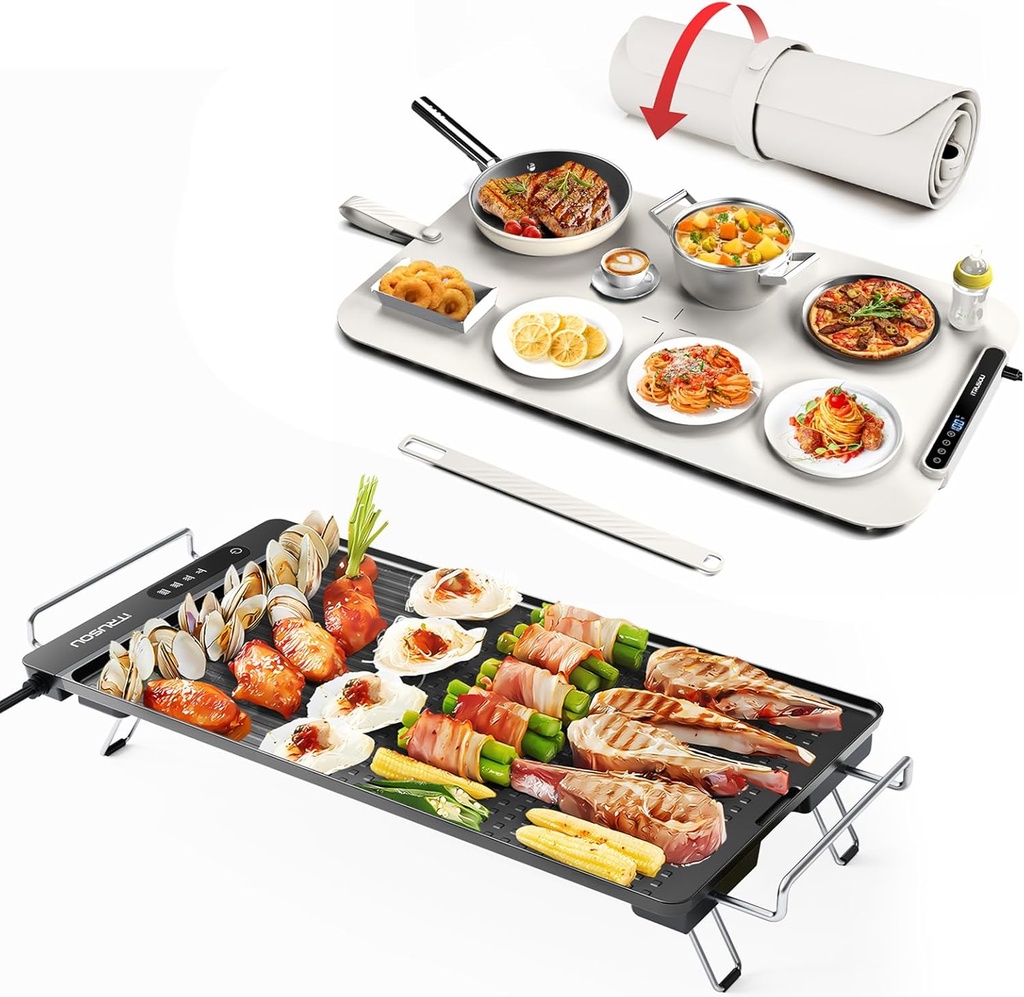 Silicone Electric Warming Tray with 7 Temp-Settings and Electric Griddle with Removable Touch Panel, 1300W Fast Heating in 10S