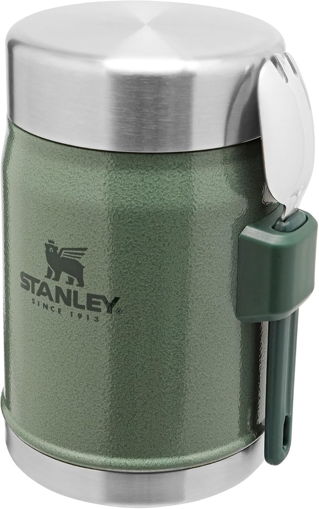 Stanley Classic Legendary Food Jar 0.4L with Spork - Keeps Cold or Hot For 7 Hours - BPA-Free Stainless Steel Soup Flask - Leakproof - Dishwasher Safe - Hammertone Green