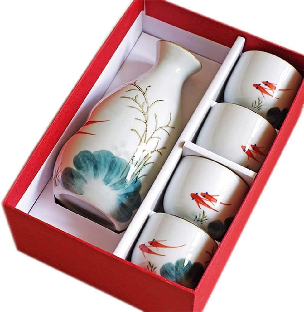 Japanese Sake Set, Sake Cup Set，Sake Bottle Crafts Cup，Sake Pot and Sake Cup， Japanese Sake Set Sake Set of 5 Pieces Japanese Style Traditional Retro Porcelain Crafts Ideal for Japanese Sake Gift Box