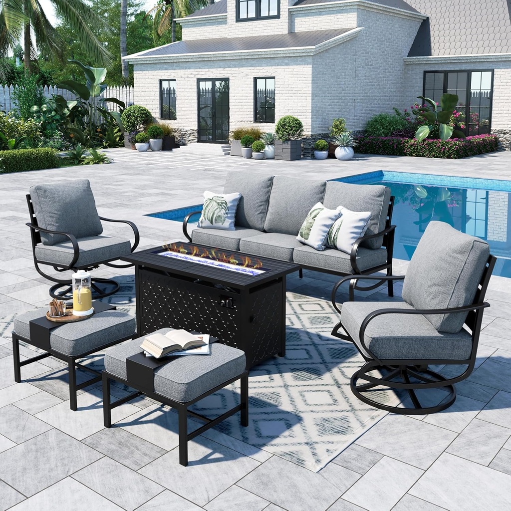 Sophia & William Patio Furniture Sets with 45" Gas Fire Pit Table for 7 Outdoor Conversation Sets 6 Pcs, 2 x Swivel Cushioned Sofa Chairs, 1x3-Seat Sofa, 2xOttomans for Backyard Poolside Grey