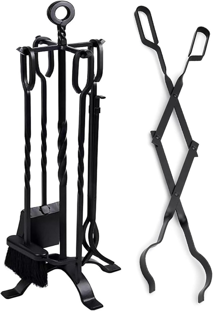 5 Pieces Fireplace Tools Set Indoor Wrought Iron+26" Long Fireplace Tongs Log Grabber for Fire Pit
