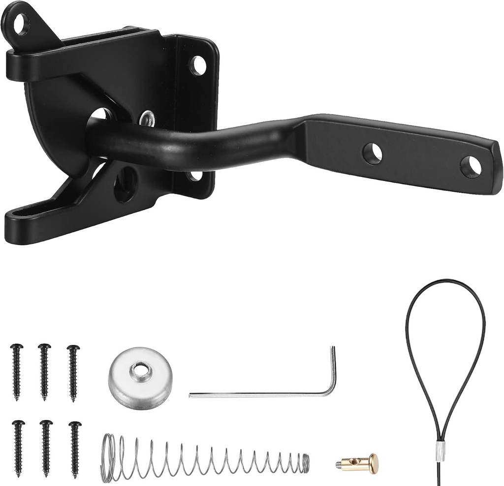 Self-Locking Gate Latch,Automatic Gravity Lever Door Latches,2-1/8" Single Sided Wood Fence Latch,with Longer Fasteners Pull String,for Garden Kennels Secure Pool Steel,Black Coated