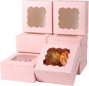 100 pcs 6x6x3 Inches Small Cake Box with Window, Bakery Pastry Cookie Boxes, Mini Pie container for Pastry,Dessert,Strawberries,Chocolates, Cupcakes with paper stickers (pink)