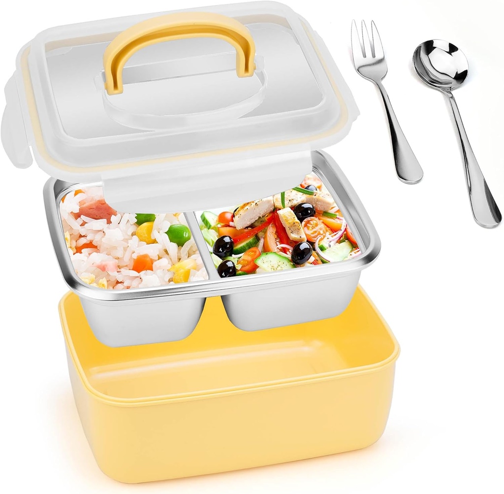 Adult Bento Box Lunch Container with 2 Compartments & Utensils, 8.7x6.6x3.9 IN Leakproof Metal Food Container with Lid, Microwave & Dishwasher Safe, 1600ml
