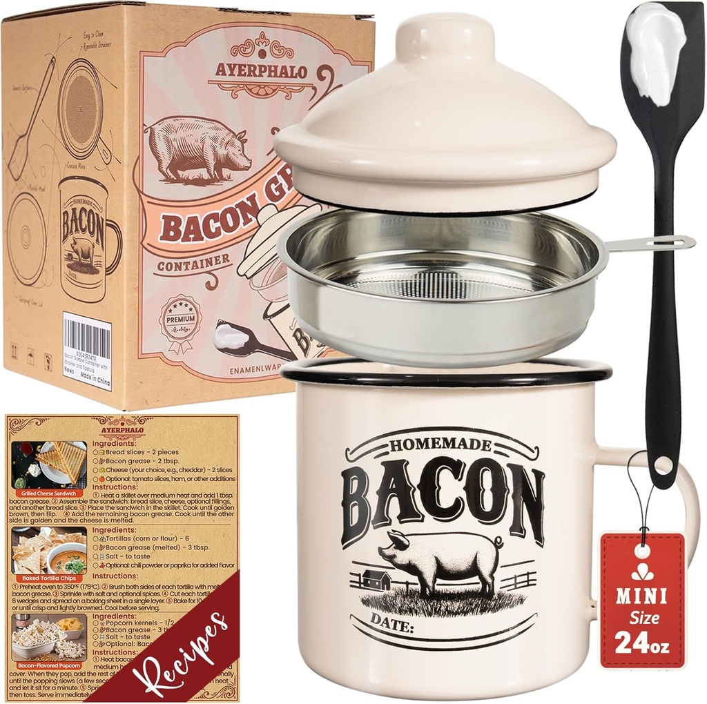 Bacon Grease Container with Strainer - With Food-Grade Silicone Spatula, 24oz Enamel Rustic Farmhouse Fat Container, Keeper, Recipes, Dishwasher Safe