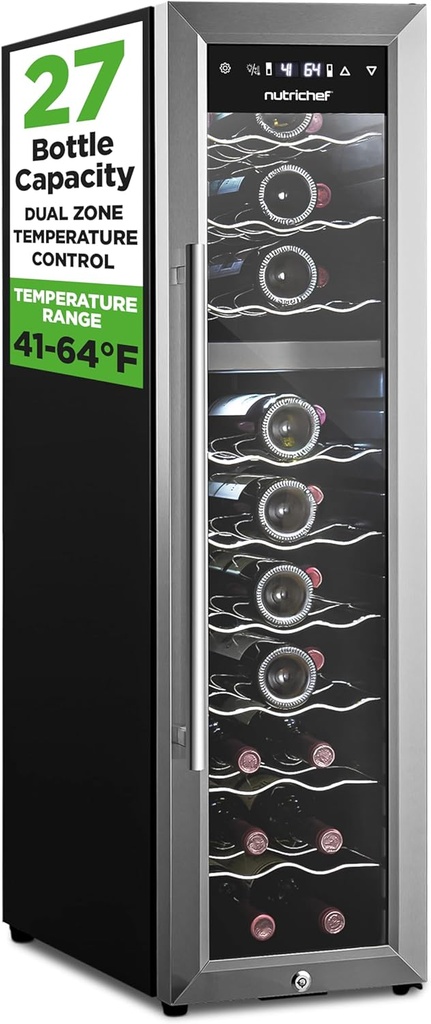 NutriChef 27 Bottle Wine Fridge | Dual Zone Adjustable Temperature Control 41°F to 64°F | Ultra Quiet Operation | Wine Cooler for Home, & Office | FreeStanding 43x11x23 in (Black)