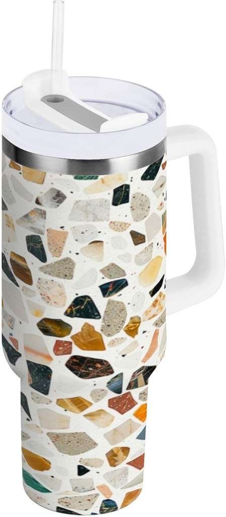 30 oz Tumbler With Handle and Straw Lid, Stainless Steel Vacuum Insulated Tumbler for Water, Iced Tea or Coffee, Easy to Clean (Colorful Terrazzo)