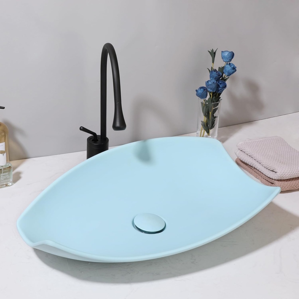 Bathroom Vessel Sink with High Arc Faucet and Pop-Up Drain Combo,21 Inch Stone Resin Sink Basin Above Counter Modern Irregular Rectangular Bathroom Sink Bowl (Blue)