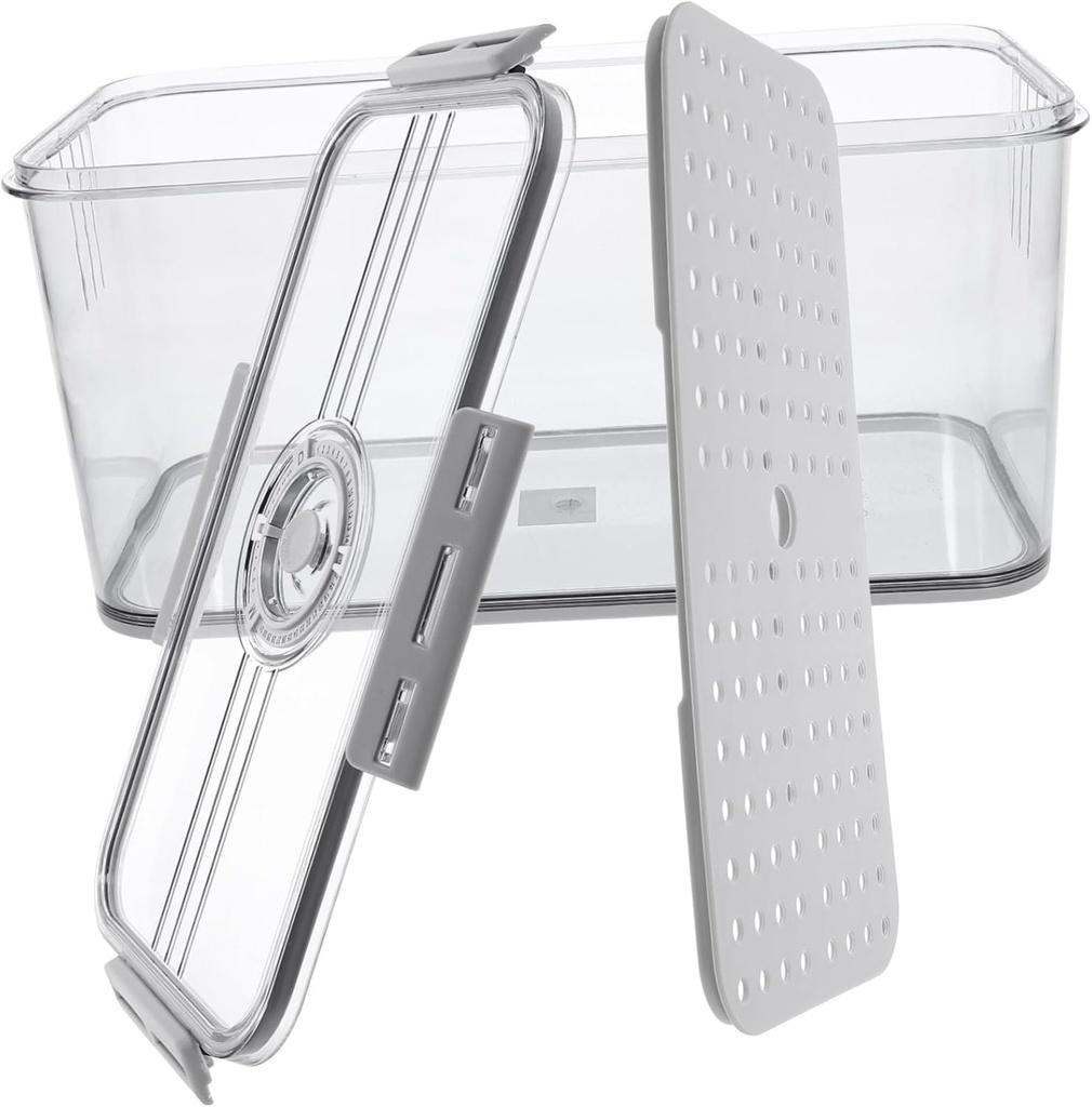 Fruit and Vegetable Fridge Storage Container with Removable Drain Tray and Timer Dial Lid Transparent Bread and Snack Organizer for Kitchen Cabinet and Refrigerator