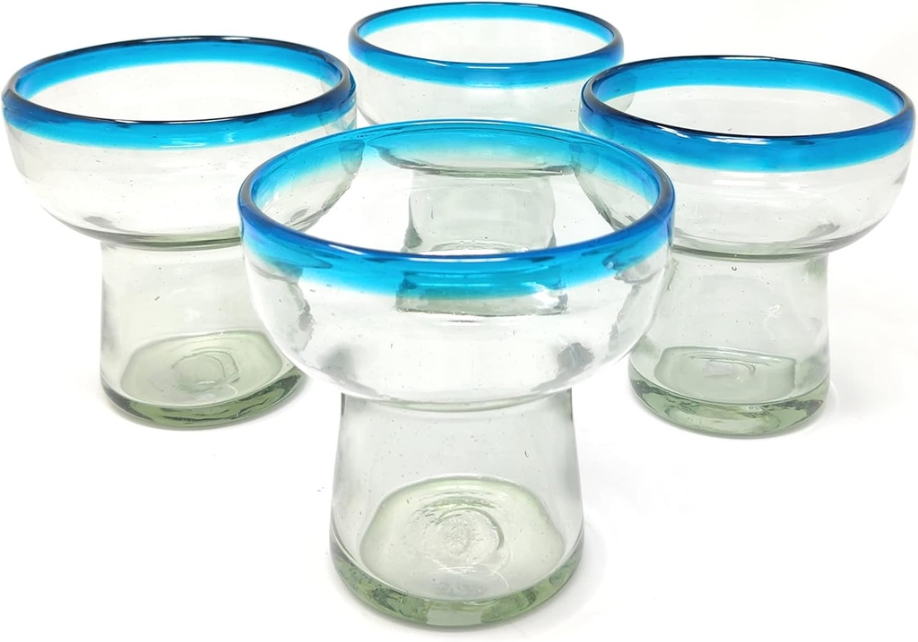 Dos Sueños Mexican Hand Blown Glass – Set of 4 Hand Blown Stemless Aqua Rim Margarita Glasses (14oz)
