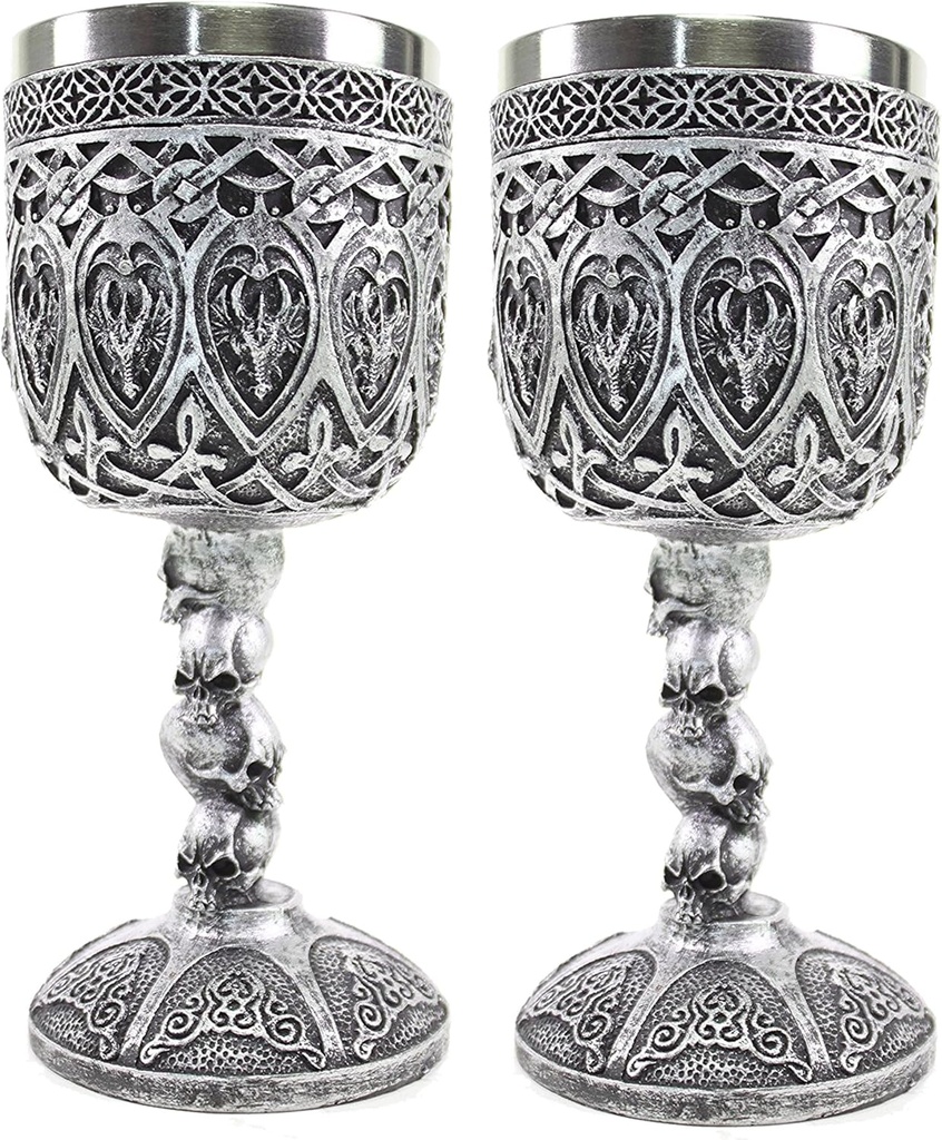 We pay your sales tax Set of 2 Mythical Silver Royal Dragon Wine Goblet Skulls Medieval Collectible Magical Halloween Party Home Decor Gift(G16594)