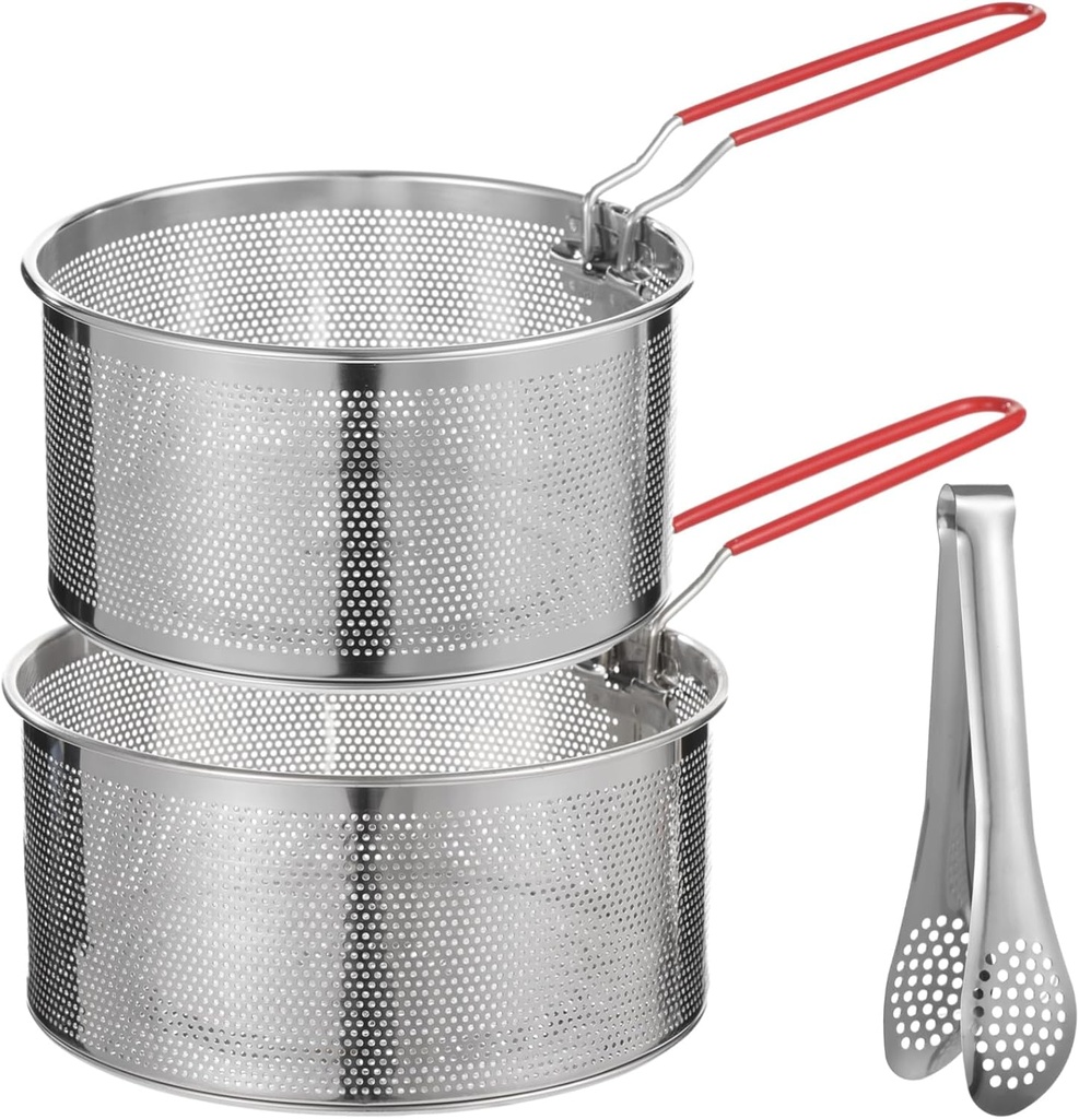 Stainless Steel Pasta Strainer Set with Food Clip, Include 7 in & 6.2 in Deep Fryer Basket, Removable Handle Strainer for Washing Draining Deep-frying Boiling Steaming
