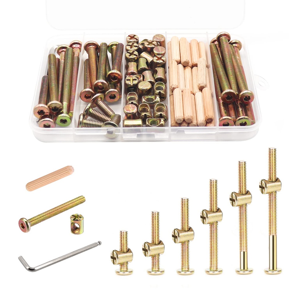 Crib Screws Hardware Replacement Kit - 26 Set Baby Bed Frame Bolts,Barrel Nuts&Wooden Dowel Pins Set - M6x16/40/50/60/70/80 mm Hex Drive Socket Cap Screws Nuts for Beds Headboards Chairs Furniture