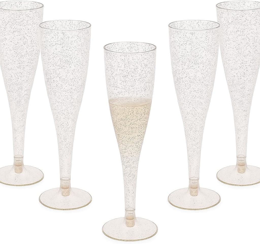 Oojami 90 Plastic 6.5 oz Disposable Champagne Flutes Ideal for Toasting, Wedding, Birthday, Baby Showers, Retirement, Celebration, Mimosa, Cocktails, Engagements, Birthday, Parties (Gold Glitter)