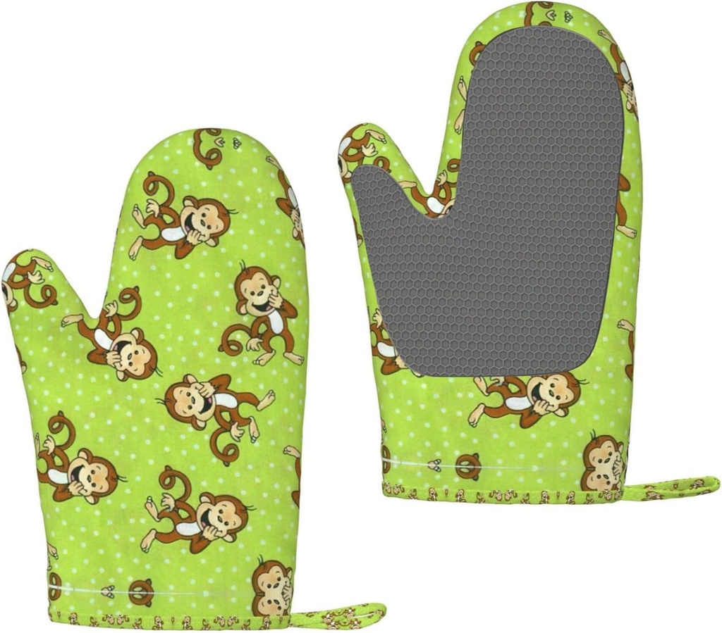 Green Clever Monkey Silicone Insulated Oven Mitts,Oven Glove High Heat Resistant,for Cooking Barbecue,Microwave