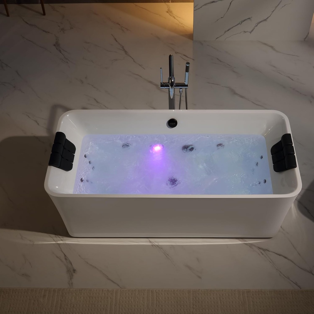 Empava Update Acrylic Whirlpool Bathtub, 67-Inch Freestanding Rectangular Jetted Bathtub with Healing Chromotherapy, 18 Hydromassage Jet, Double-Ended Bathtub with Black Pillows and Nozzles