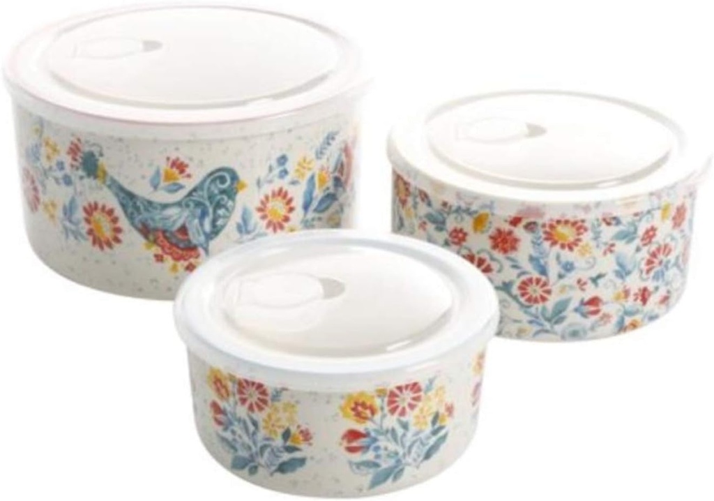 The Pioneer Woman Mazie 6-Piece Round Ceramic Nesting Bowl Set with Build-In Steam Release,15.5 ounce