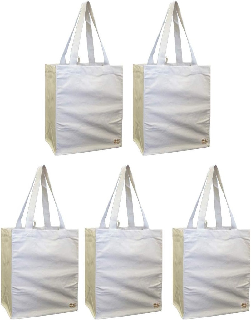 100% Cotton Canvas Oversized Grocery/Multipurpose Tote Bag 5 Pack, Shoulder Length With Extra Strong Cotton Webbing Handles