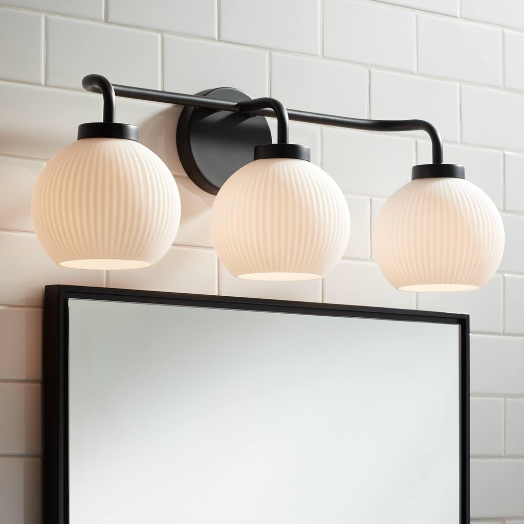 Possini Euro Design Nadia 24" High Modern 3 Light Bathroom Vanity Wall Lamp Light Fixture Mount Over The Sink Mirror Hardwired Cordless Black Milk Glass Shade
