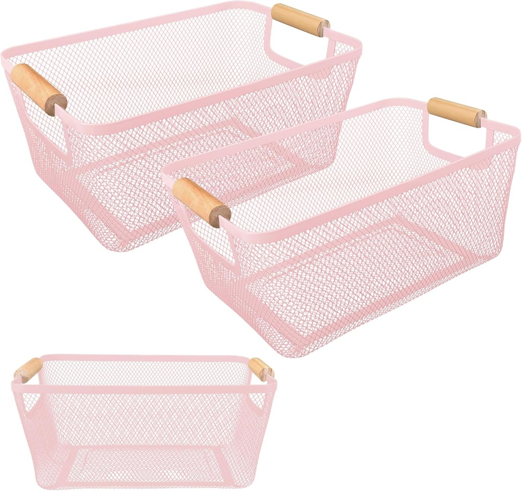 PTSGCAI 2Pack Metal Mesh Steel Basket with Bamboo Handle - Wire Metal Basket for Kitchen Organization, 12" Wide Food Organizer Bin, Perfect for Organizing Bulk Pantry (PINK)
