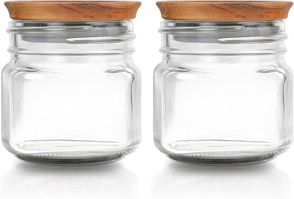 Regular Mouth Mason Jar 8 oz - (2 Pack) - Regular Mouth Half Pint 8-Ounces Mason Jars With M.E.M Wooden Storage Lid - Heavy Duty Clear Glass Canning Jars For Storing Grains, Herbs, Spices, & pickling