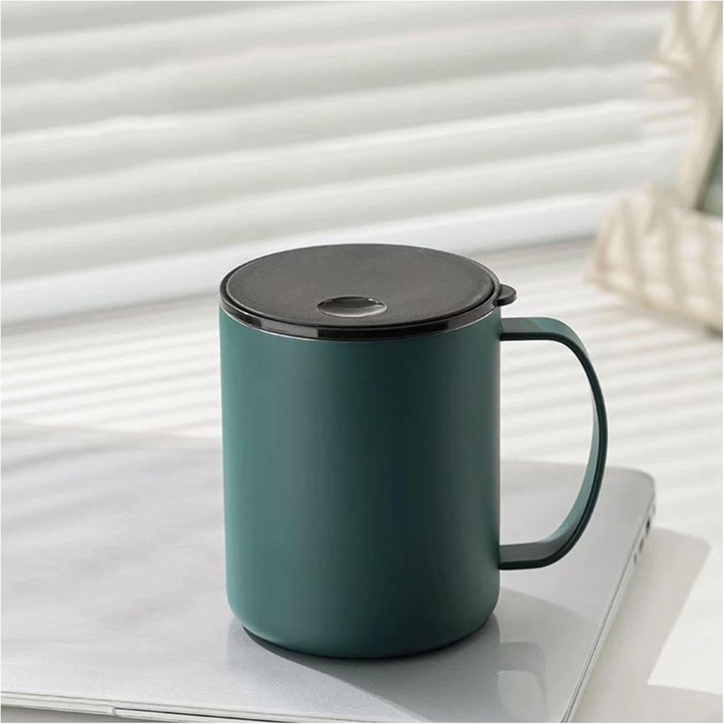 Reusable Stainless Steel Mug with lid and Handle Drinking Cup Home Insulated Tumbler Simple Tea Cup Office Coffee Cup 400ml/14.1oz Sturdy(Green)