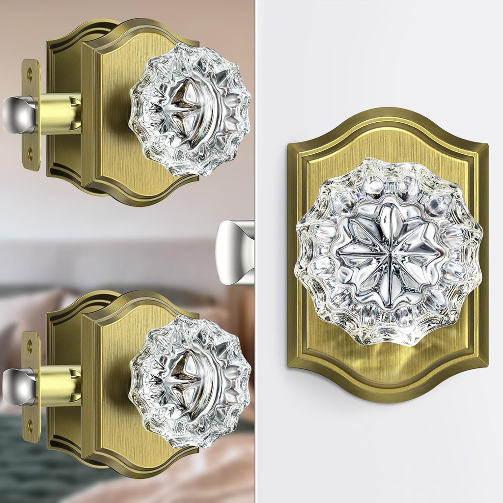 3 Pack Glass Crystal Door Knobs Interior, Antique Brass Crystal Door Knobs with Lock for Privacy Use, Vintage Crystal Glass Doorknobs for Bedroom Bathroom Interior Doors