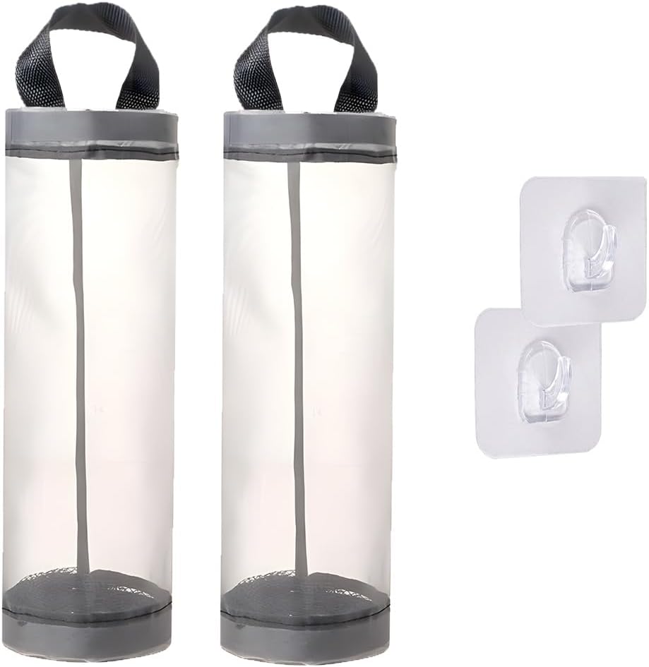 CRASPIRE 2Pcs Black Plastic Bag Holder 2 Sticky Hooks Mesh Wall Mount Plastics Bags Organizer Polyester Drawstring Washable Large Grocery Container Dispenser Groceries Carrier Holder for Home Garages