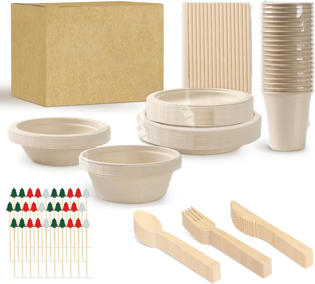 200pcs Compostable Paper Set Eco-friendly Heavy-duty Disposable Plates Cutlery Utensils, Bamboo Plates Bowls Forks Knives Spoons Cups Straws fruit sticks for Wedding Party Picnic BBQ