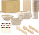 200pcs Compostable Paper Set Eco-friendly Heavy-duty Disposable Plates Cutlery Utensils, Bamboo Plates Bowls Forks Knives Spoons Cups Straws fruit sticks for Wedding Party Picnic BBQ