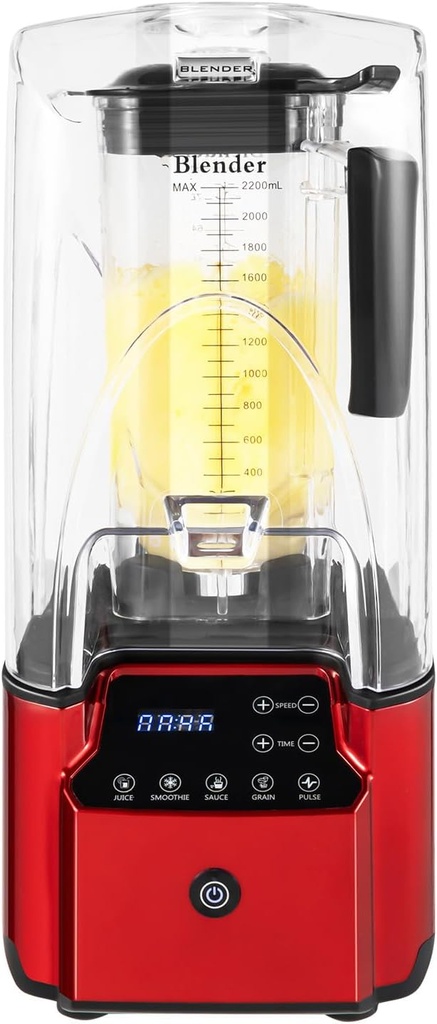 2200W 110V Commercial Smoothie Blender Maker W/Soundproof Cover & Timer 2.2L Large Capacity Blender Professional Automatic Fruit Juicer Mixer for Home Bar Restaurant Hotel Cafe Red+Clear