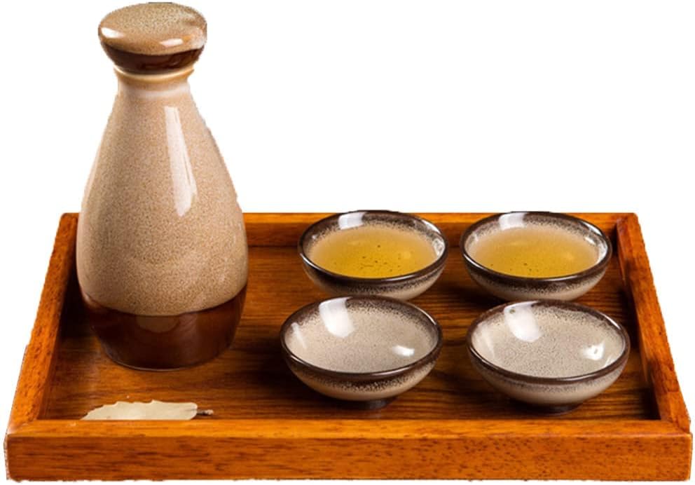 Sake Set Japanese Sake Pot Set,Including 1 Sake Bottle,4 Cup Set and 1 Tray,is The Best Gift for Friends and Family,D