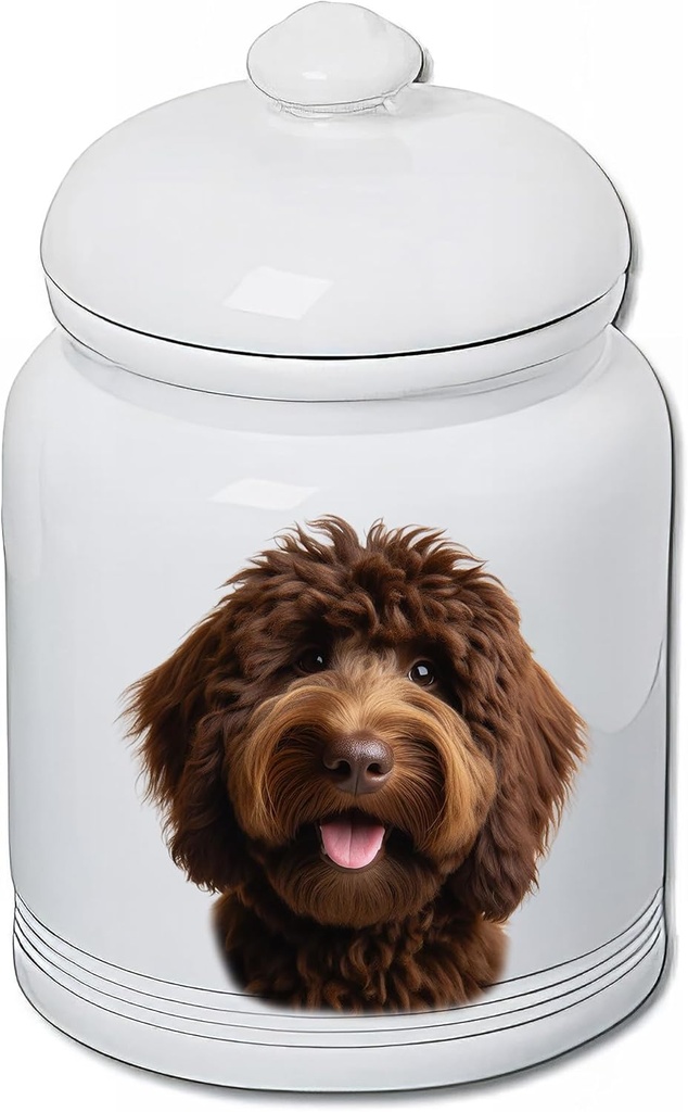Best of Breed Goldendoodle Chocolate Dog and Cat Ceramic Treat Jar 9" Tall Air Tight Seal All White