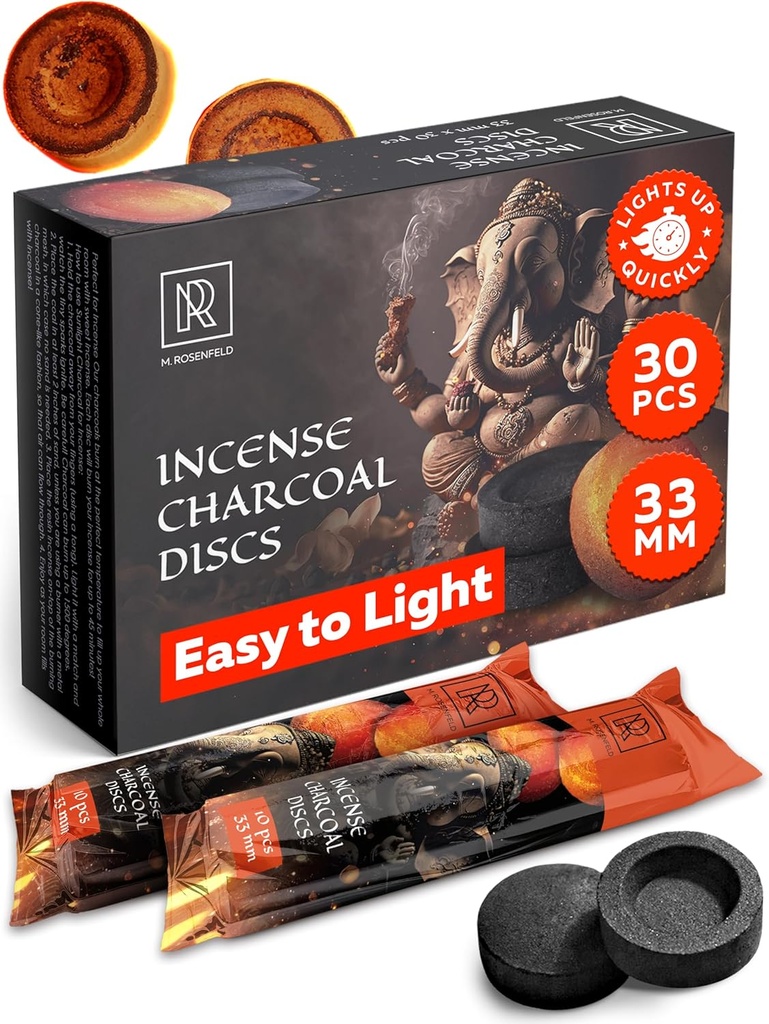 Charcoal Discs to Burn Incense - 30 pcs Charcoal for Incense Burning - 33 mm Most Quick Light Coals Tablets by M. ROSENFELD - 33 mm Resin Burner Rolls – Pack of 30 Instant Fire Coal Tablets