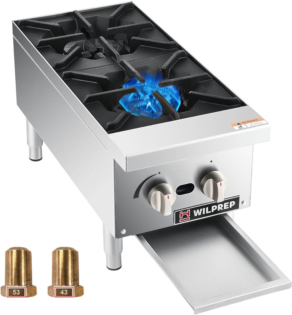 WILPREP Commercial Gas Stove with 2 Burners, Propane and Natural Countertop Cooking Range with Total 56000 BTU, Stainless Steel Hot Plate, Commercial Cooking Equipment for Restaurant