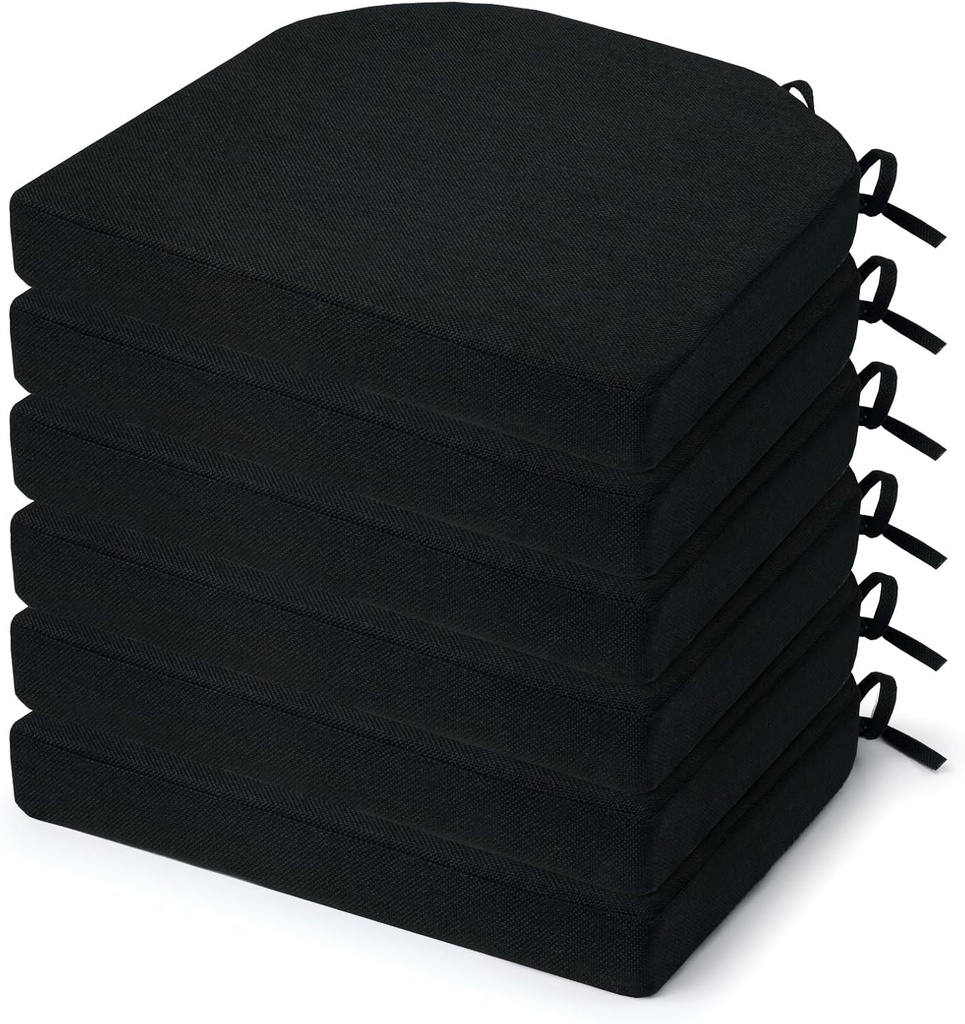 Chair Cushions for Dining Chairs 6 Pack, Foam Chair Cushion with Ties and Non Slip Backing, 16 x 16 inches Black Chair Pads for Dining Chairs