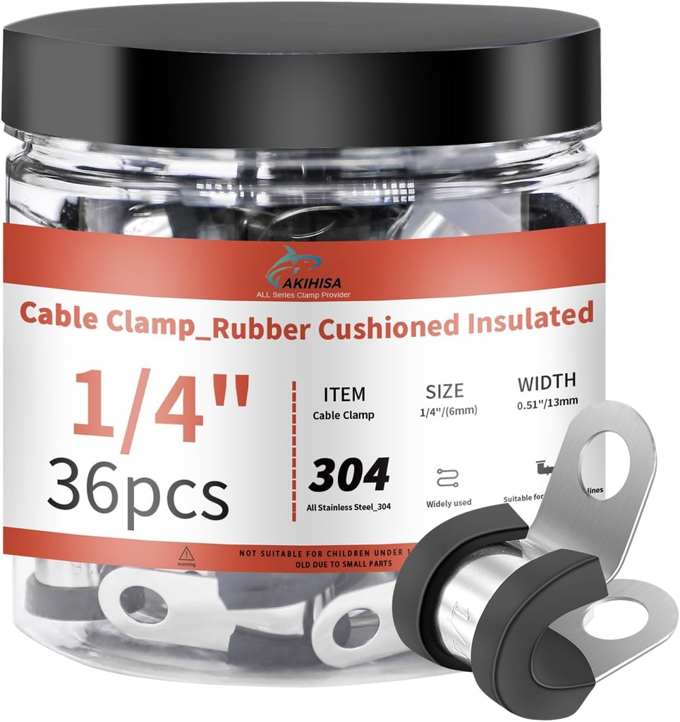 AKIHISA 36pcs 6mm Stainless Steel Cable Clamps, 1/4" Rubber Coated Cushioned Insulated Cable Clamp, Metal Clamp, Loop Clamps, Pipe Clamp for Wiring, Pipes and Hoses
