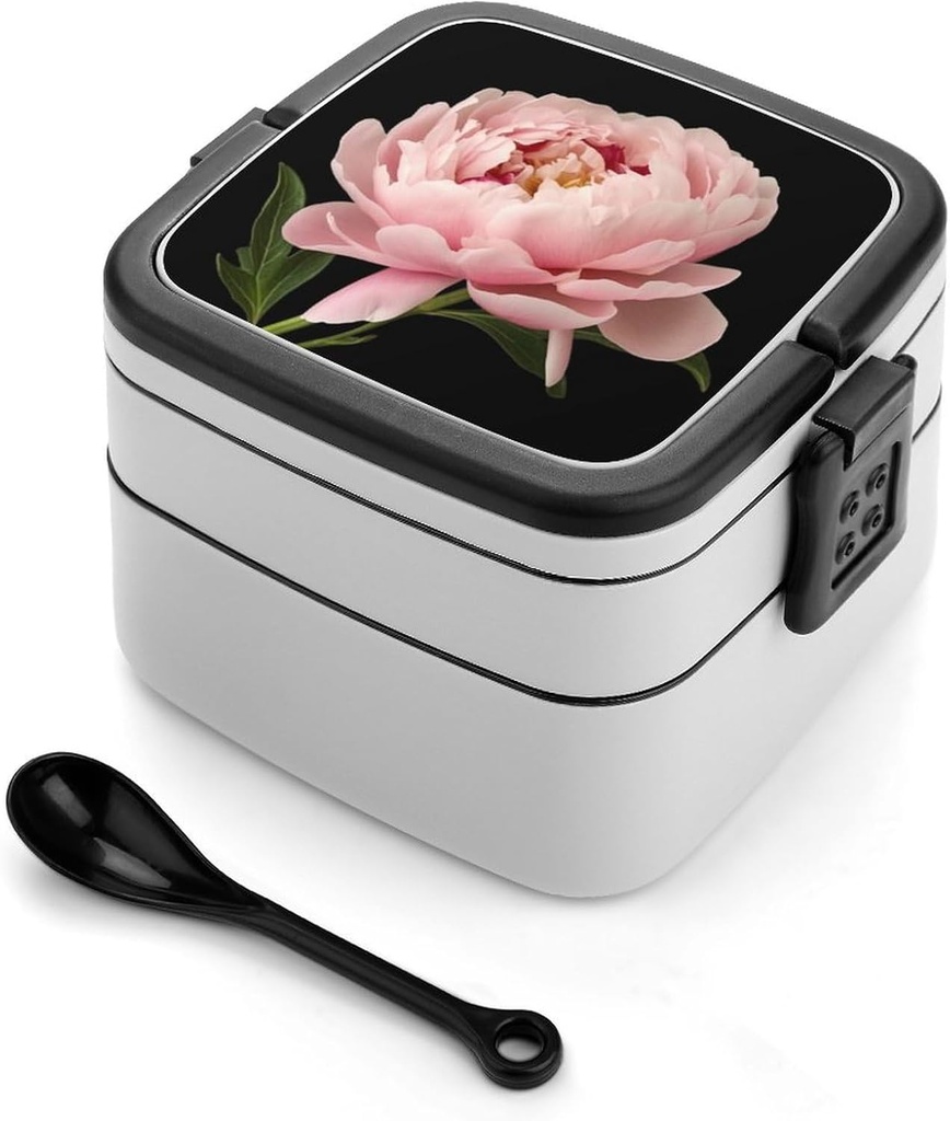 Peony Bento Box Double-Layer Bento Lunch Container with Spoon And Invisible Handle Adult Leak-Proof Lunchbox for Dining Out Work Picnics Travel