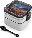 Trees And Bushes Bento Box with Compartments Double Layer Bento Lunch Box with Spoon And Handle All-in-One Adult Lunchbox Leakproof Lunch Container for Work Picnic Travel