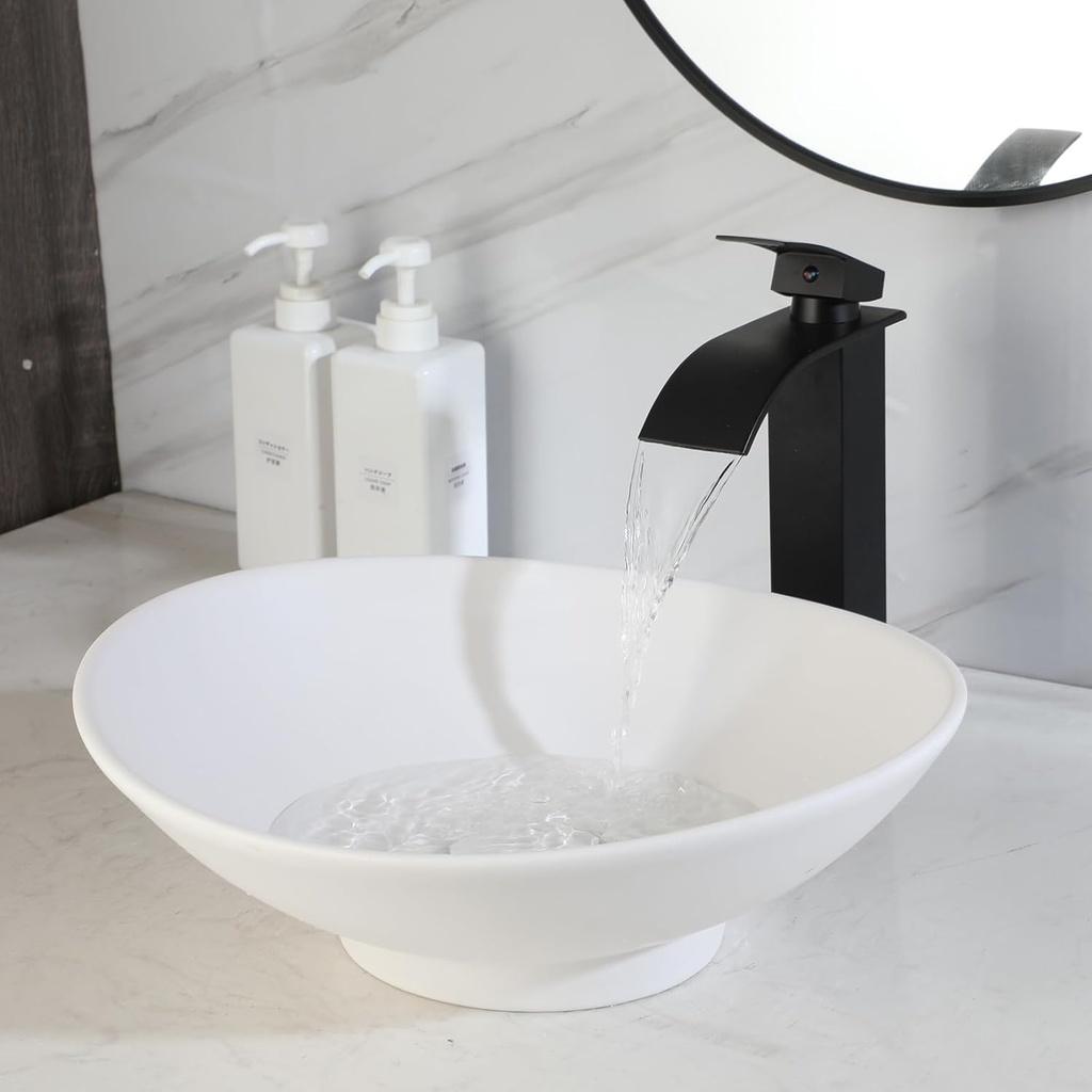 16 Inch White Stone Resin Oval Bathroom Vessel Sink Above Counter Sink With Pop-Up Drain Combo Modern Vanity Bowl For Bathroom