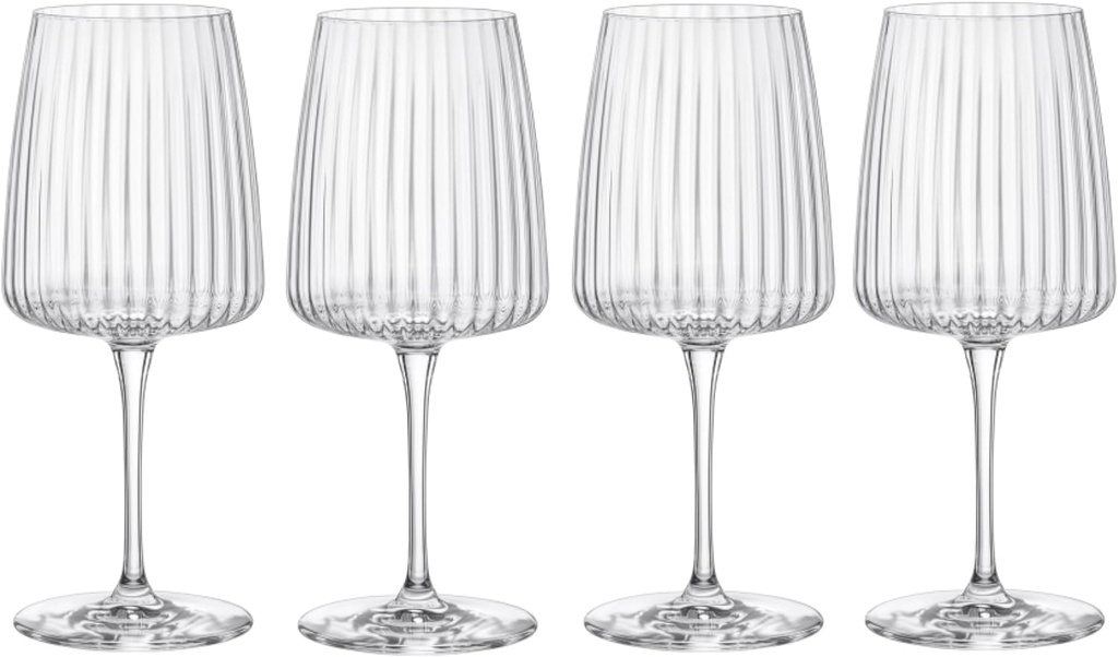 Bormioli Rocco Exclusiva Merlot Glasses, Set of 4-18 Oz. Ribbed Long Stem Star Glass Goblets with XLT Reinforced Stems - Italian-Made Red Wine Drinkware - Dishwasher Safe Crystal Glasses