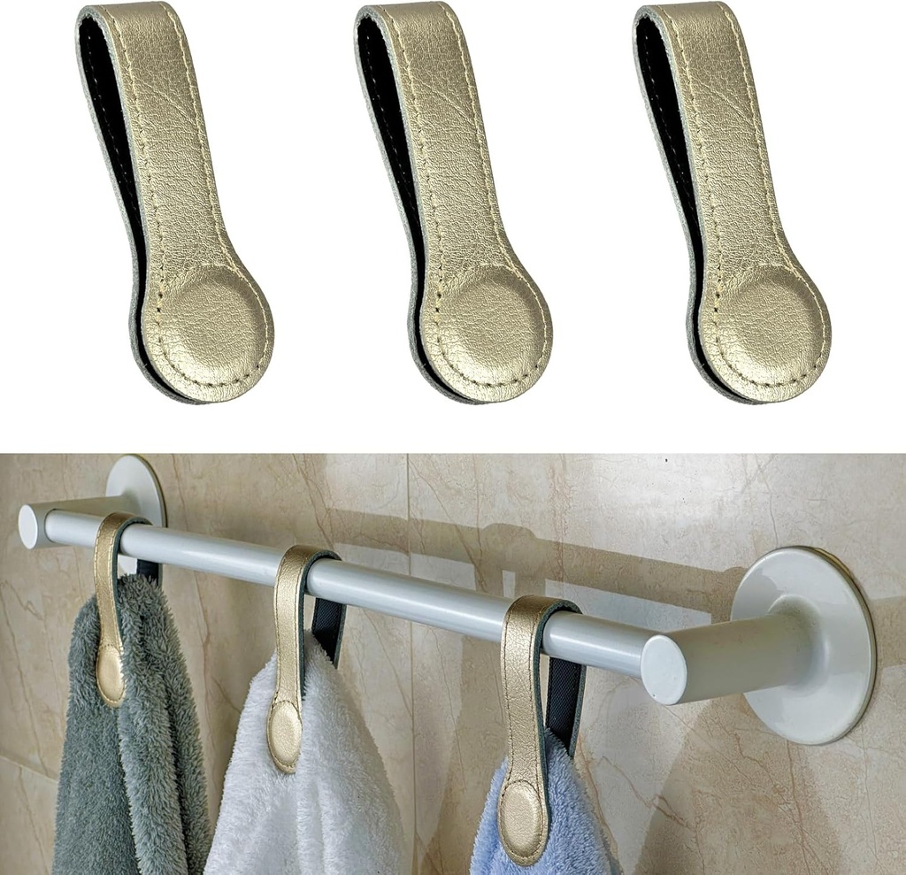 Prriudy 3 Pack Leather Towel Clips Bath Towels Hooks with Magnets Kitchen and Bathroom Accessory (Champagne, 3 Pack)