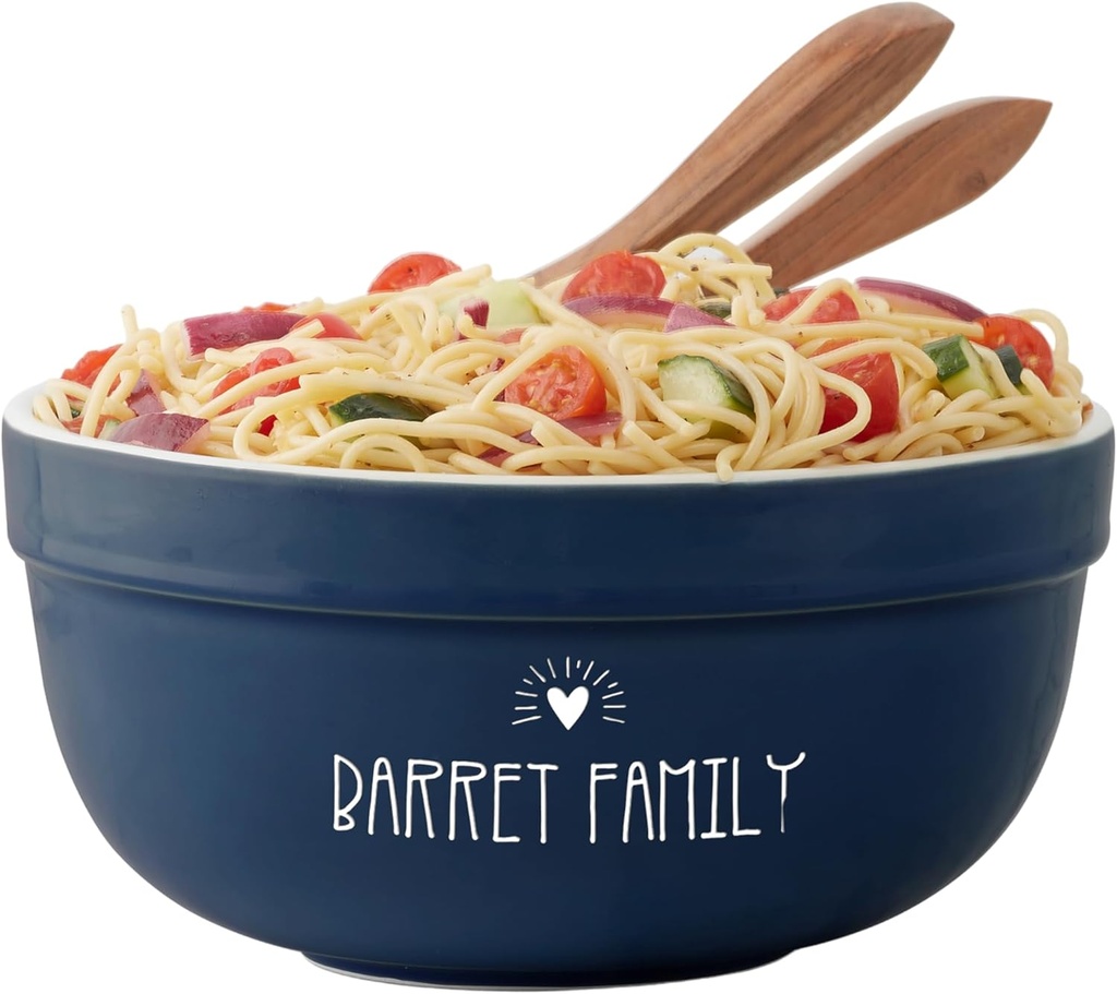 Personalization Universe Made With Love Personalized Ceramic Serving Bowl - Hand-Glazed Stoneware, 4.5" H x 9.5" W, 120 oz Capacity - Wedding Gifts, Salad, Pasta Bowls - Microwave/Oven Safe - Navy