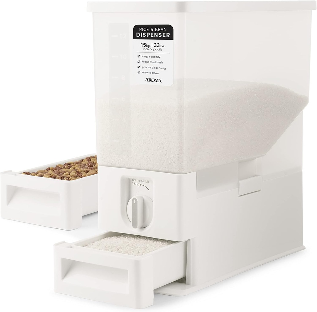 AROMA® XL 33-Pound Rice Dispenser and Countertop Beans or Grain Storage Bin with Automatic Measuring Funnel (ARD-133)