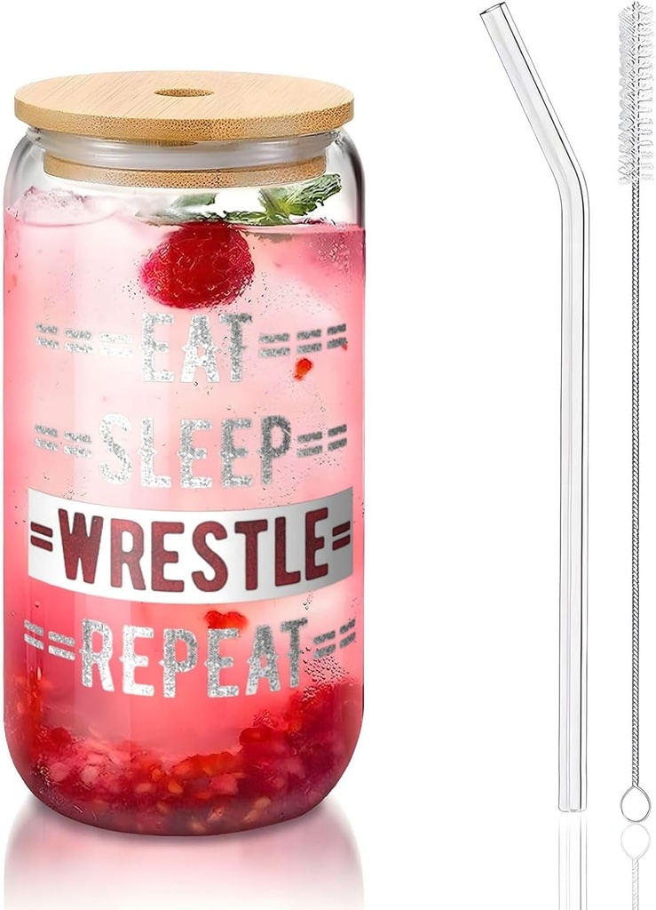 Eat Sleep Wrestle Repeat 16 Oz Drinking Glasses With Bamboo Lids,Glass Straw And Cleaning Brushes Glass Tea Cup For Iced Coffee,Smoothie,Cocktail,Beer,Whiskey,Soda,Matcha