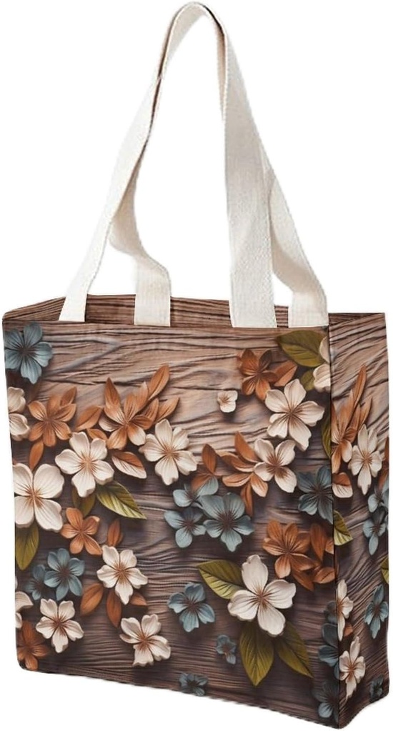 Canvas Tote Bag for Women Reusable Grocery Bag Floral Wood Shopping Bags Casual Shoulder Bag Handbag