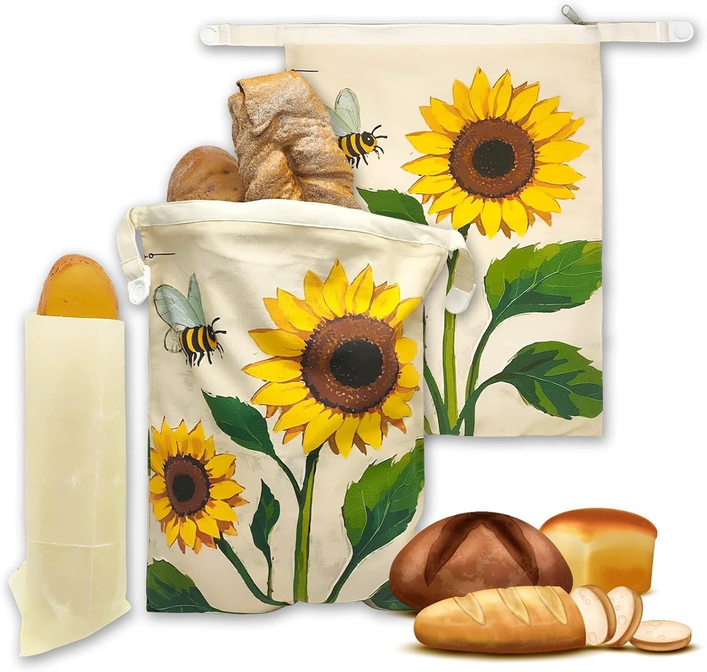 Beeswax Bread Bags for Sourdough 2 Pack 13"x17" Eco-Friendly Reusable Linen Cotton Storage Bags with Zipper Closure for Homemade Bread Fresh-Keeping, Freezer-Safe Sunflower