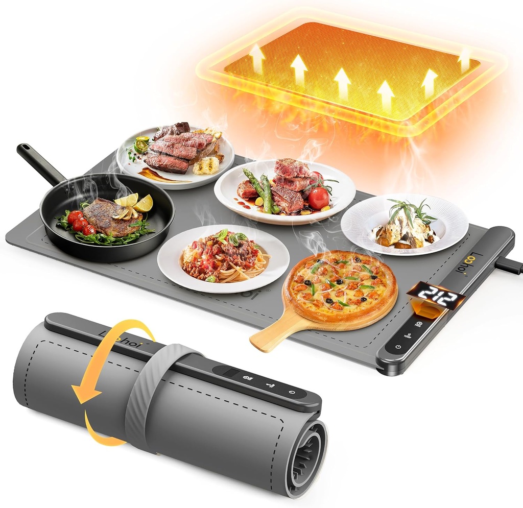 Food Warming Mat,Full Surface Heating Electric Warming Tray with 6 Temperature Settings & Fast Heating, Silicone Roll Up Food Heating Mat Food Warmers for Parties Gatherings Everyday Use