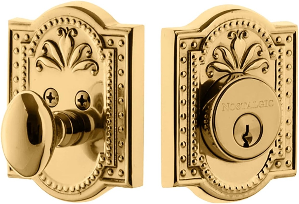 Nostalgic Warehouse 715121 Meadows Plate Single Cylinder Deadbolt Meadows Door Knob in Unlacquered Brass,